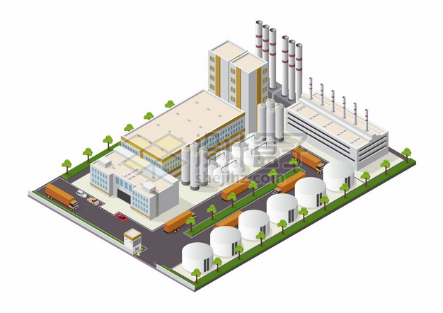 2.5D风格化工厂巨大的厂房建筑和运输卡车存储罐png图片素材